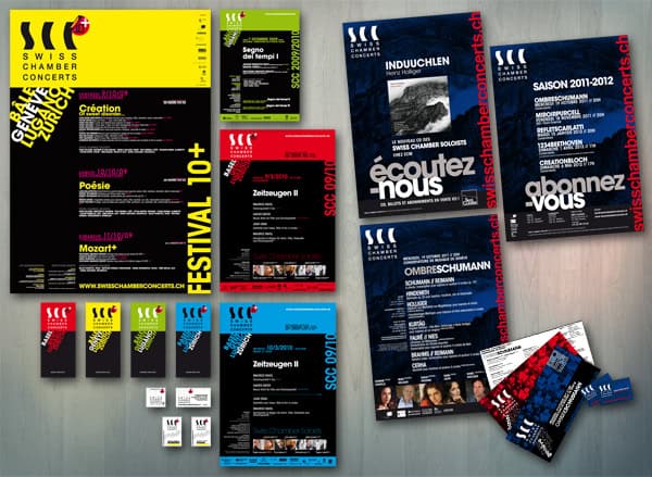 Collection complète des supports de communication Swiss Chamber Concerts avec affiches, flyers, site web et déclinaisons de l'identité visuelle