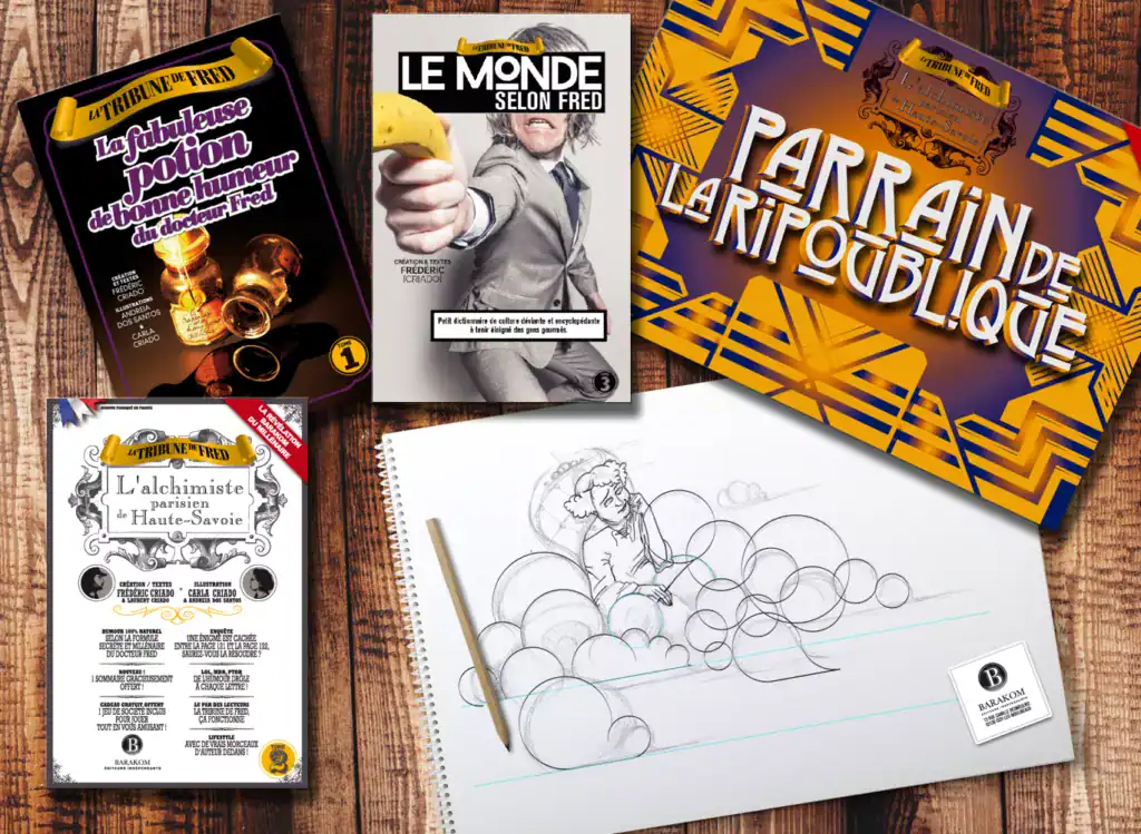 Ensemble des créations graphiques et illustrations pour Barakom, La Tribune de Fred, incluant couvertures de livres, charte graphique et illustrations originales