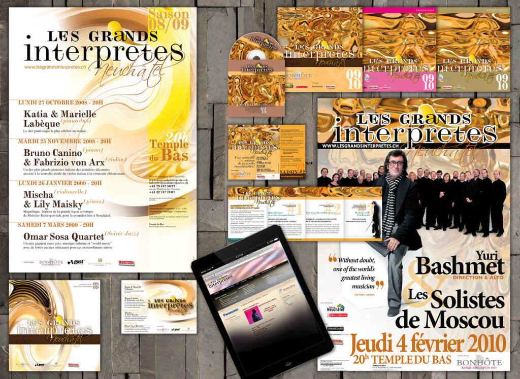 Panorama des créations graphiques pour Les Grands Interprètes de Neuchâtel avec affiches, programmes, site web et supports de communication