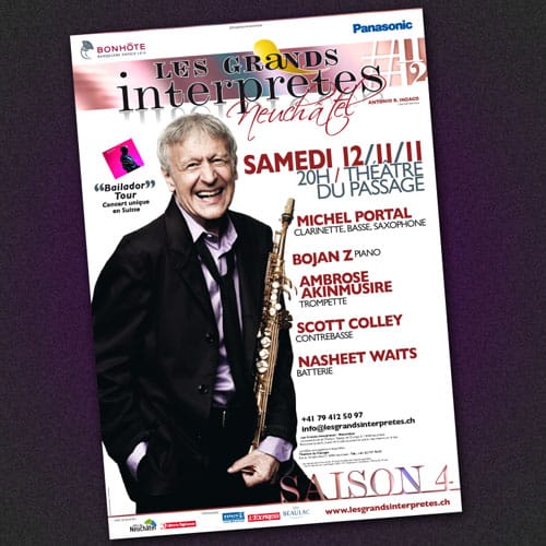 Affiche Les grands Interprètes de Neuchâtel, Michel Portal, Bojan Z, Ambroise Akinmusire, Scott Colley et Nasheet Waits
