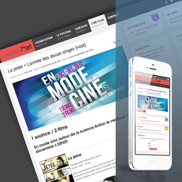 Interface web et newsletter du cinéma associatif Meudon 7e Art visible sur ordinateur et smartphone
